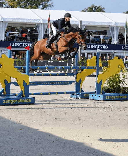 Jahač u natjecateljskoj uniformi i kacigi skače s konjem preko SX prepreke na preponskom turniru u zatvorenoj areni.